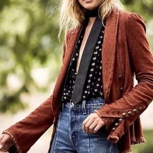 FREE PEOPLE Throwback Corduroy Jacket Lace Victorian Gothic Peplum Blazer Rust